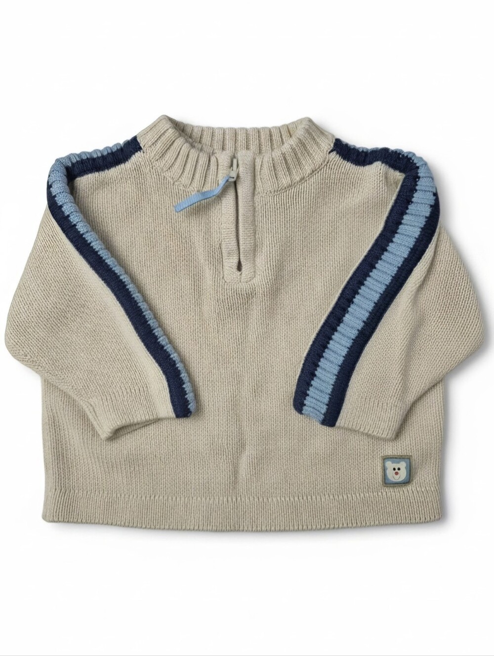 Y2K Lullaby Club Baby Boy Cream Knit Half Zip Sweater Bear Patch 6M